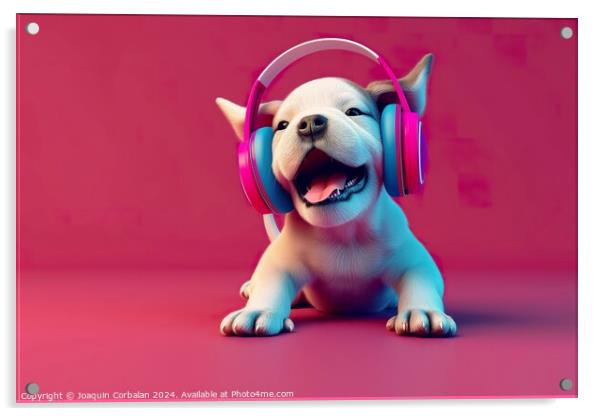 Illustration of a white puppy happily wearing colorful headphones on its ears. Acrylic by Joaquin Corbalan