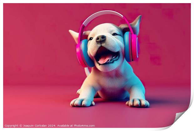 Illustration of a white puppy happily wearing colorful headphones on its ears. Print by Joaquin Corbalan