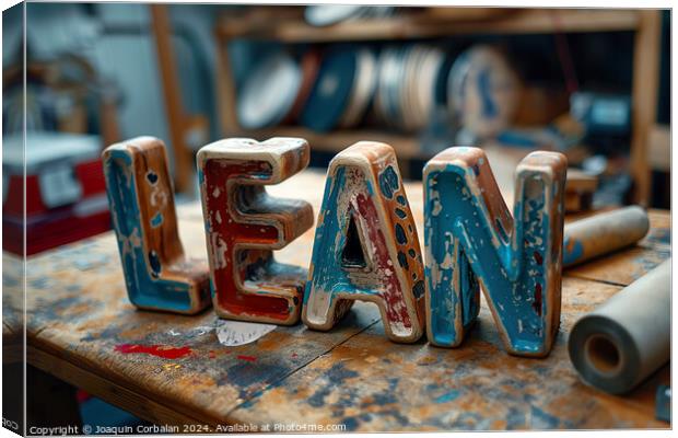Wooden sign displaying the word Lean placed on top of a table. Canvas Print by Joaquin Corbalan