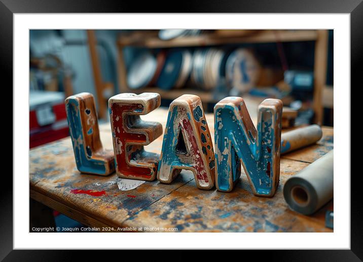 Wooden sign displaying the word Lean placed on top of a table. Framed Mounted Print by Joaquin Corbalan