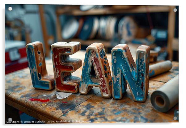 Wooden sign displaying the word Lean placed on top of a table. Acrylic by Joaquin Corbalan