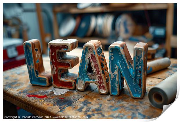 Wooden sign displaying the word Lean placed on top of a table. Print by Joaquin Corbalan