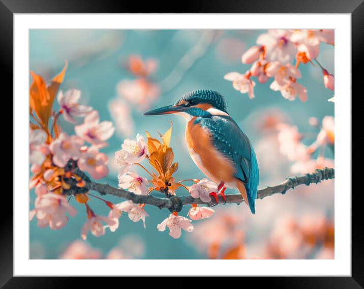 Kingfisher standing on a branch of Cherry Blossom Framed Mounted Print by T2 