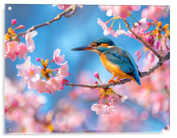 Kingfisher standing on a branch of Cherry Blossom Acrylic by T2 