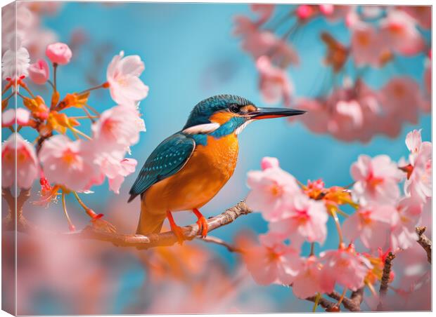 Kingfisher standing on a branch of Cherry Blossom Canvas Print by T2 
