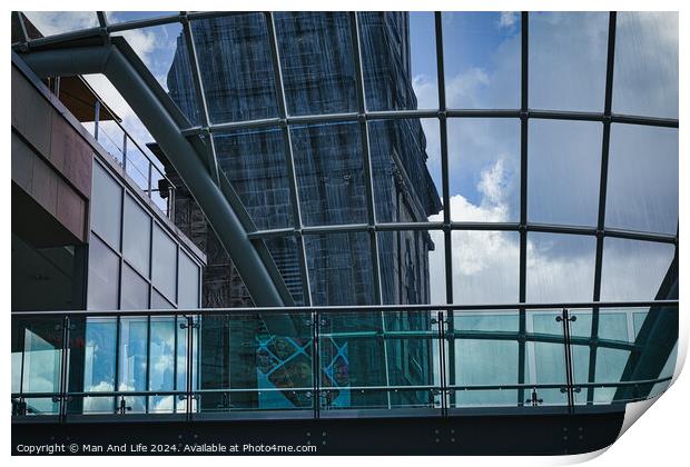 Modern glass building facade with reflections of clouds, showcasing contemporary architecture and design in Leeds, UK. Print by Man And Life