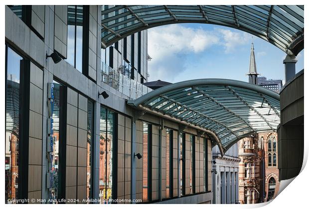 Modern glass-covered walkway with urban architecture and blue sky in the background in Leeds, UK. Print by Man And Life