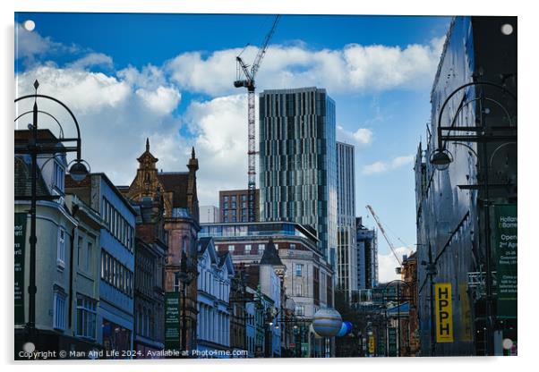 Urban cityscape with historic buildings and modern skyscraper under construction against a blue sky with clouds in Leeds, UK. Acrylic by Man And Life
