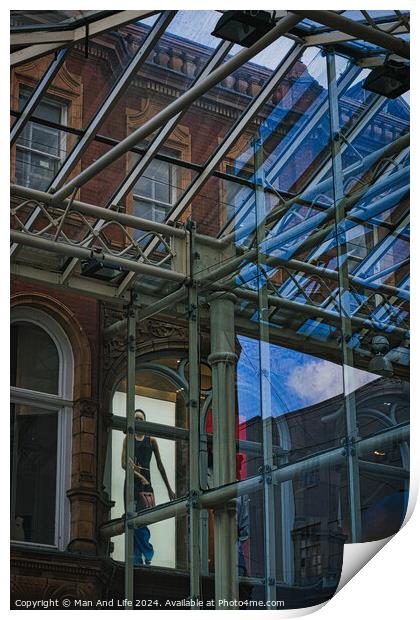 Urban contrast with old brick building and modern glass structure, reflecting city life and architectural diversity in Leeds, UK. Print by Man And Life