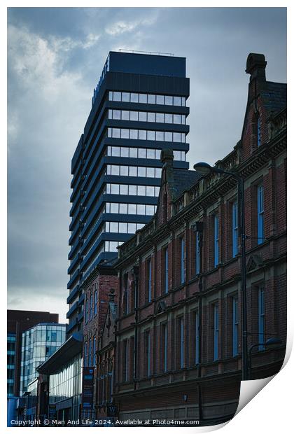 Contrast of old and new architecture with a modern skyscraper towering behind a classic brick building under a cloudy sky in Leeds, UK. Print by Man And Life