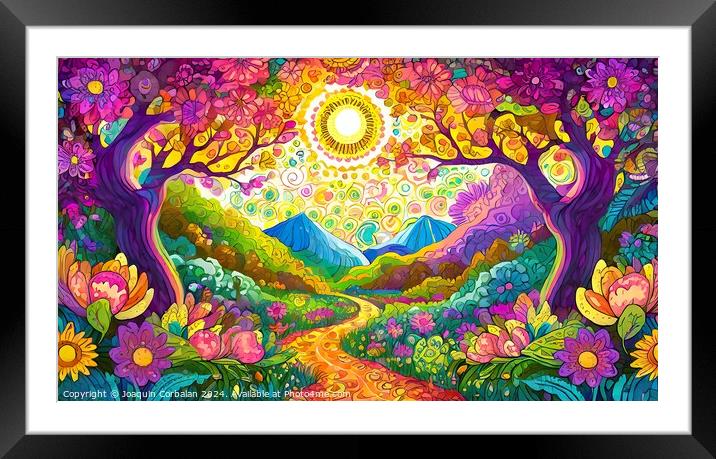 A colorful painting depicting a lively landscape filled with various trees and blooming flowers. Framed Mounted Print by Joaquin Corbalan
