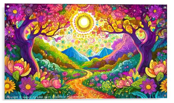 A colorful painting depicting a lively landscape filled with various trees and blooming flowers. Acrylic by Joaquin Corbalan
