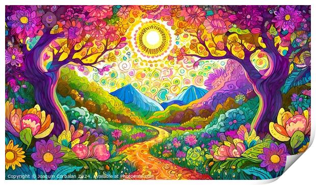 A colorful painting depicting a lively landscape filled with various trees and blooming flowers. Print by Joaquin Corbalan