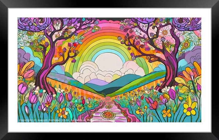 A colorful painting depicting a lively landscape filled with trees and flowers, capturing the essence of nature in spring. Framed Mounted Print by Joaquin Corbalan