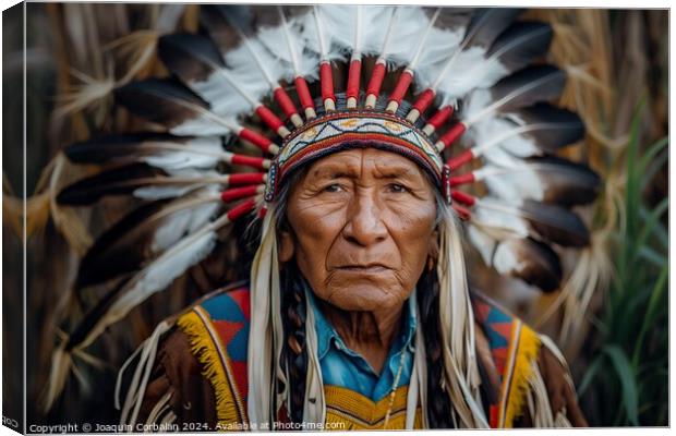 A Native American Indian man proudly wearing a traditional headdress adorned with feathers and intricate beadwork. Canvas Print by Joaquin Corbalan