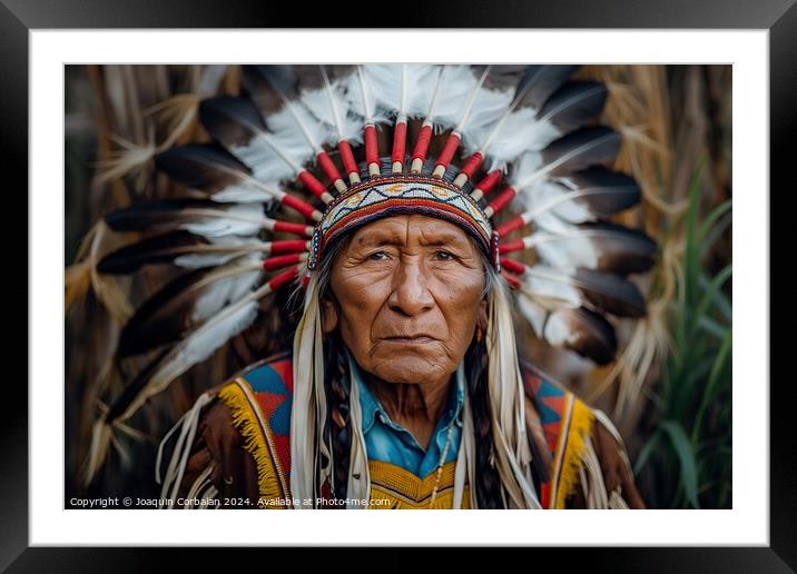A Native American Indian man proudly wearing a traditional headdress adorned with feathers and intricate beadwork. Framed Mounted Print by Joaquin Corbalan