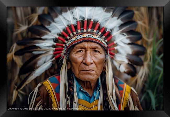 A Native American Indian man proudly wearing a traditional headdress adorned with feathers and intricate beadwork. Framed Print by Joaquin Corbalan
