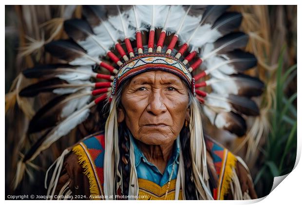 A Native American Indian man proudly wearing a traditional headdress adorned with feathers and intricate beadwork. Print by Joaquin Corbalan