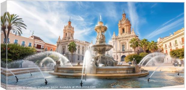 A fountain stands in the center of a busy city street, surrounded by buildings and pedestrians. Canvas Print by Joaquin Corbalan
