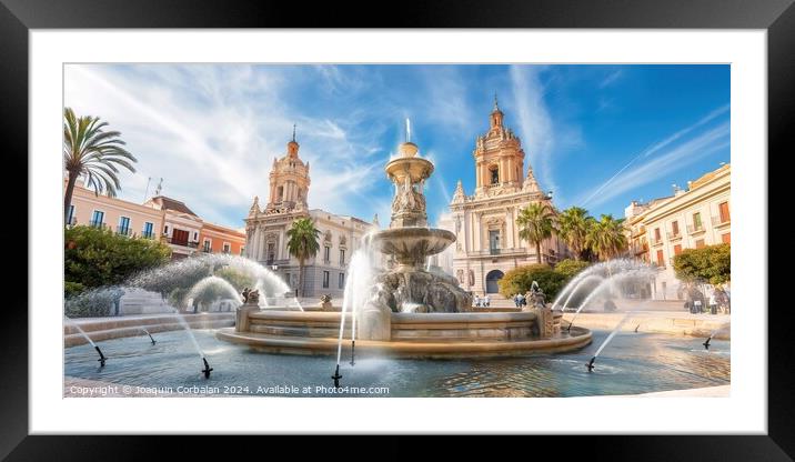 A fountain stands in the center of a busy city street, surrounded by buildings and pedestrians. Framed Mounted Print by Joaquin Corbalan