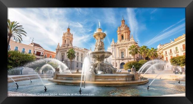 A fountain stands in the center of a busy city street, surrounded by buildings and pedestrians. Framed Print by Joaquin Corbalan