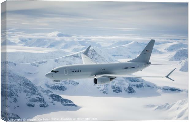 A plane flies over a snow-covered mountain range in the Arctic region on a clear day. Canvas Print by Joaquin Corbalan