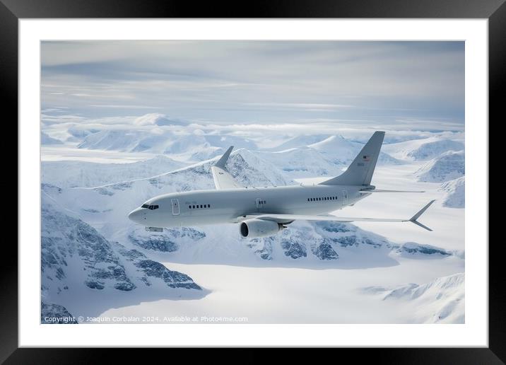 A plane flies over a snow-covered mountain range in the Arctic region on a clear day. Framed Mounted Print by Joaquin Corbalan