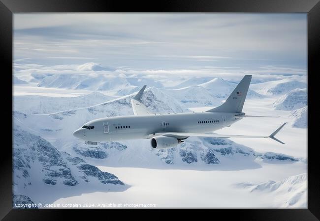 A plane flies over a snow-covered mountain range in the Arctic region on a clear day. Framed Print by Joaquin Corbalan