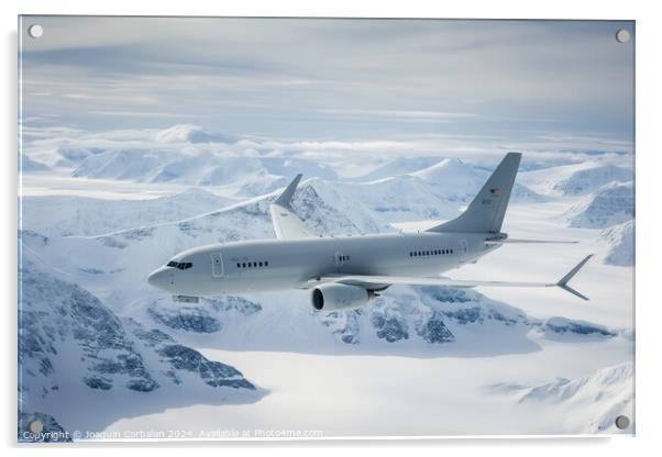 A plane flies over a snow-covered mountain range in the Arctic region on a clear day. Acrylic by Joaquin Corbalan