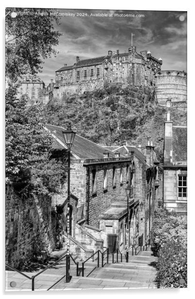 The Vennel and Edinburgh Castle (black and white) Acrylic by Angus McComiskey