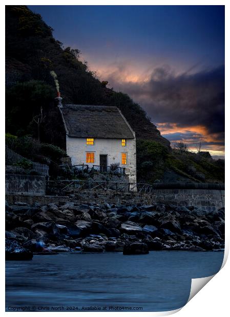 Runswick Bay Fishermans cottage at dusk. Print by Chris North