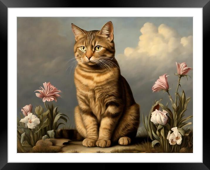 Striped Cat Vintage Style Framed Mounted Print by Anne Macdonald