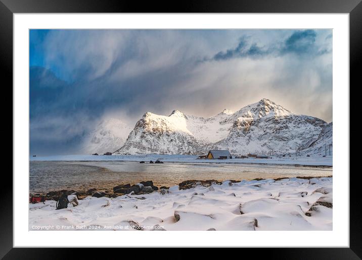 Lofoten vik beach in winter time, Norway Framed Mounted Print by Frank Bach