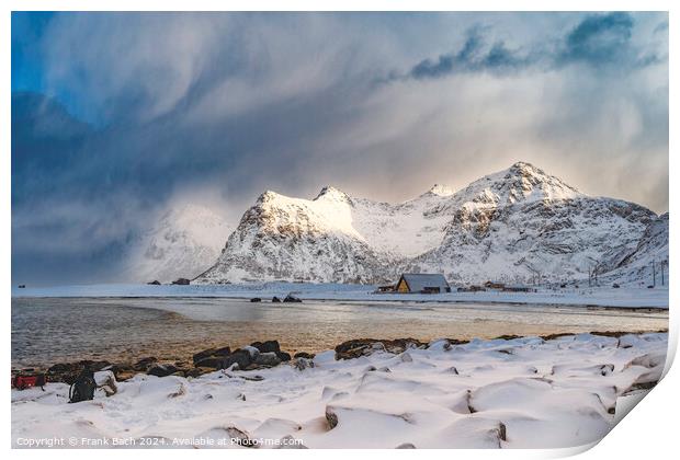 Lofoten vik beach in winter time, Norway Print by Frank Bach