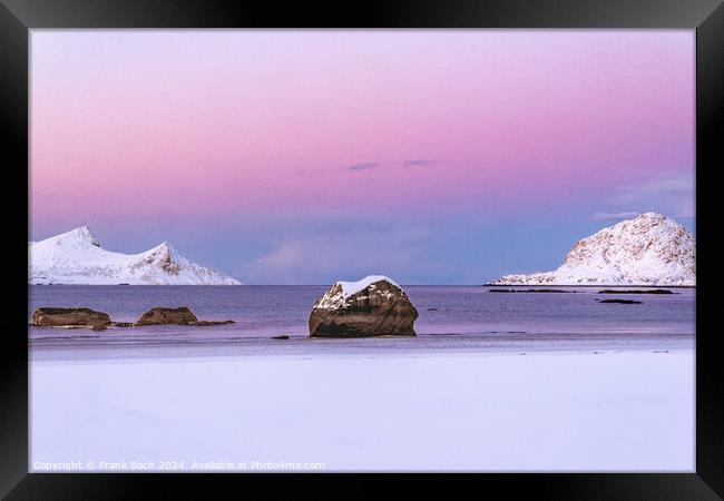 Lofoten Haukland beach in winter time, Norway Framed Print by Frank Bach