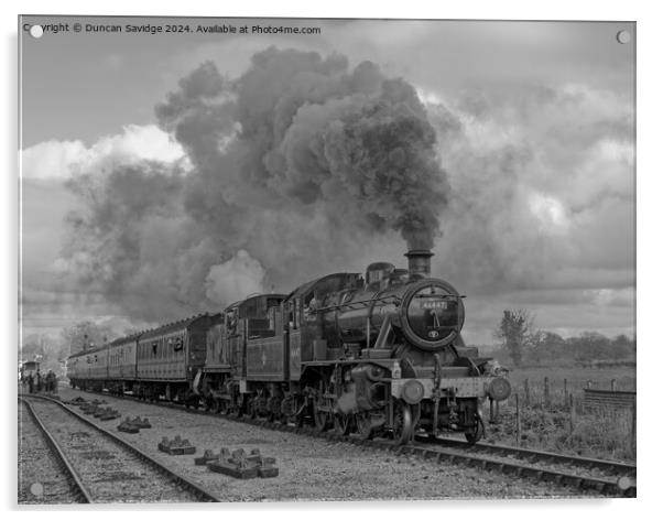 4110 and Ex LMS Ivatt 2MT Class 2-6-0, No.46447 steam trains go back to back in black and white Acrylic by Duncan Savidge