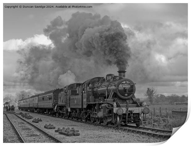 4110 and Ex LMS Ivatt 2MT Class 2-6-0, No.46447 steam trains go back to back in black and white Print by Duncan Savidge