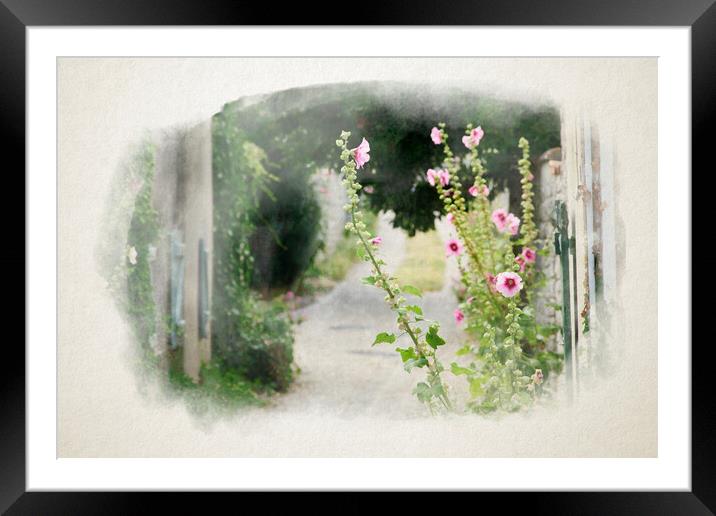 small alley with hollyhock in watercolor Framed Mounted Print by youri Mahieu