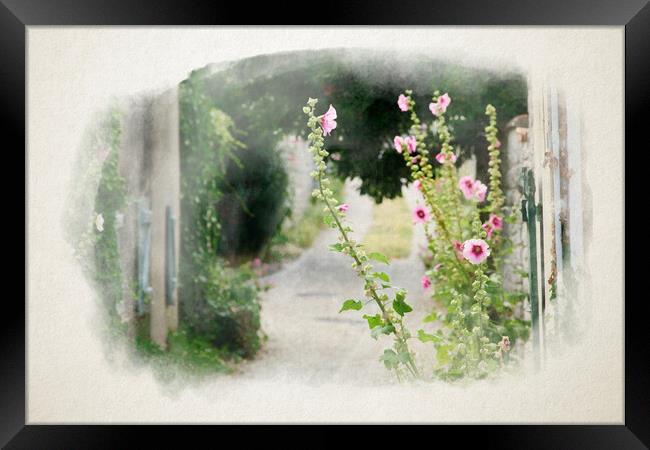 small alley with hollyhock in watercolor Framed Print by youri Mahieu