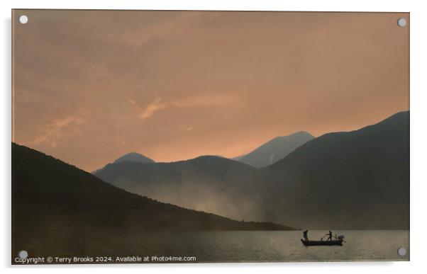 Sunset over the mountains with a silhouetted fishing boat Acrylic by Terry Brooks