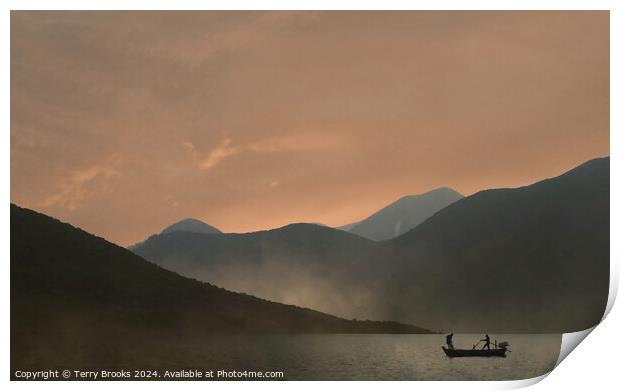 Sunset over the mountains with a silhouetted fishing boat Print by Terry Brooks