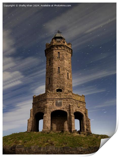 Darwen Tower Long Exposure Night Shot with Moving Clouds and Star Trails Print by Shafiq Khan