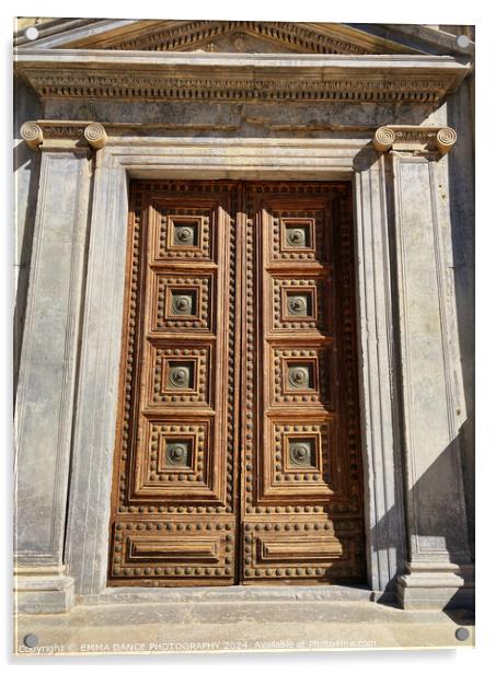 Doorway to Charles V Palace in the Alhambra Palace, Granada Acrylic by EMMA DANCE PHOTOGRAPHY