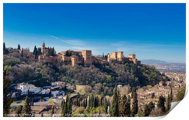 The Alhambra Palace, Granada, Spain Print by EMMA DANCE PHOTOGRAPHY