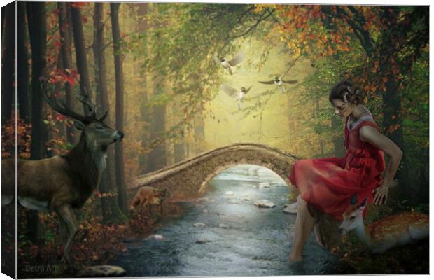 Beauty in a red dress is sitting on a stone next to a stream surrounded by forest friends. Canvas Print by Dejan Travica