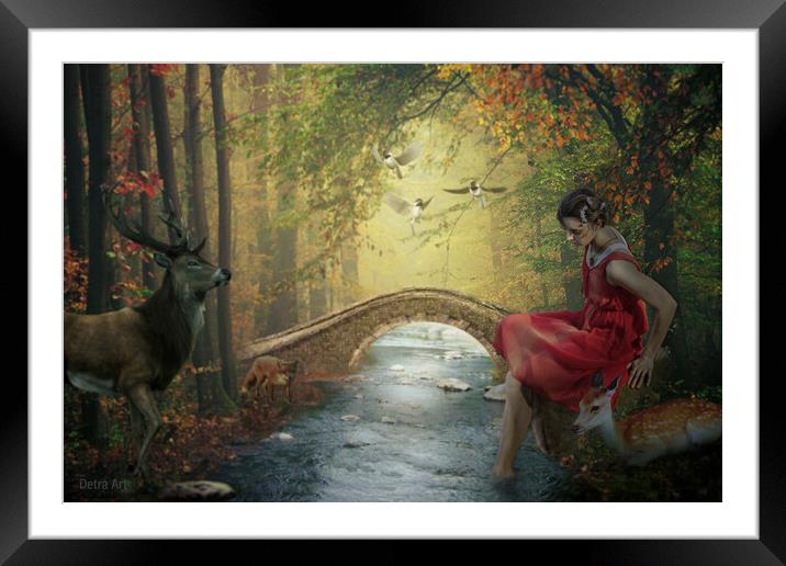 Beauty in a red dress is sitting on a stone next to a stream surrounded by forest friends. Framed Mounted Print by Dejan Travica