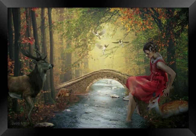 Beauty in a red dress is sitting on a stone next to a stream surrounded by forest friends. Framed Print by Dejan Travica