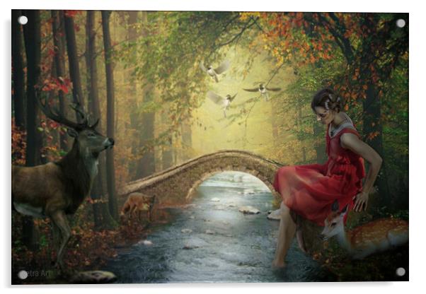 Beauty in a red dress is sitting on a stone next to a stream surrounded by forest friends. Acrylic by Dejan Travica