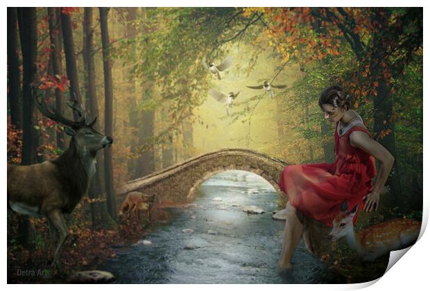 Beauty in a red dress is sitting on a stone next to a stream surrounded by forest friends. Print by Dejan Travica