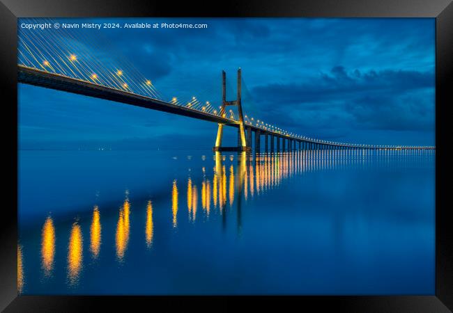 Blue Hour, Vasco da Gama Bridge, Lisbon, Portugal  Framed Print by Navin Mistry